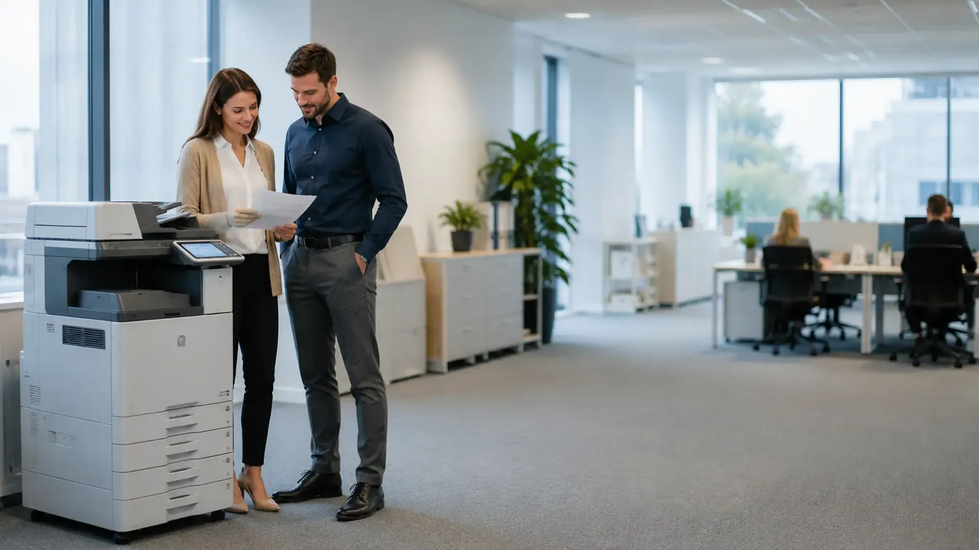 Modern office multifunction printer in a bright Yorkshire office
